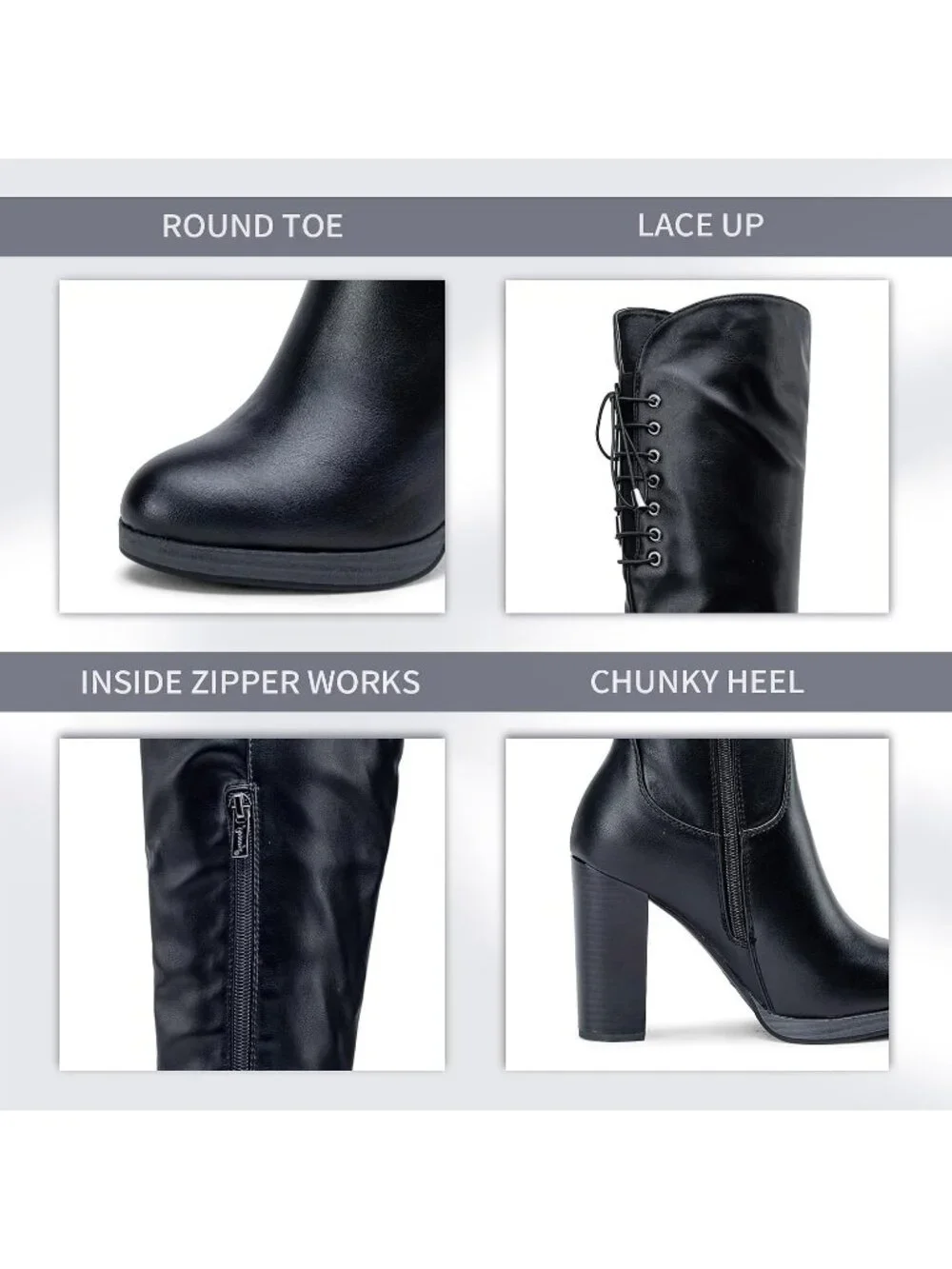 Women's Black Pu Block Heel Round Toe Faux Suede Over The Knee Thigh High Boots